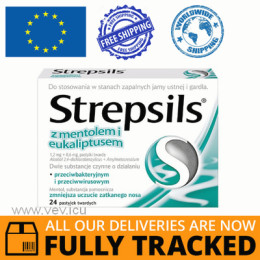 STREPSILS WITH MENTHOL AND EUCALYPTUS FOR A SORE THROAT 24 LOZENGES — MADE IN GREAT BRITAIN — FREE SHIPPING STREPSILS WITH MENTHOL AND EUCALYPTUS FOR A SORE THROAT 24 LOZENGES — MADE IN GREAT BRITAIN — FREE SHIPPING