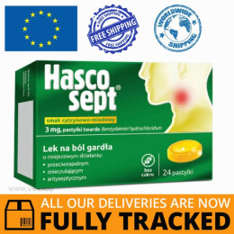 Hascosept 3 mg, lemon-honey flavor, 24 lozenges— Made in Poland — Free Delivery